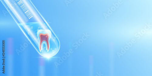 Teeth transparent and molecule in glass test tube with empty space for text. Human internal organ anatomy sample science research experiment. Medical scientific concept. Banner vector.