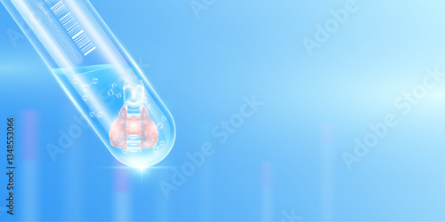Thyroid transparent and molecule in glass test tube with empty space for text. Human internal organ anatomy sample science research experiment. Medical scientific concept. Banner vector.