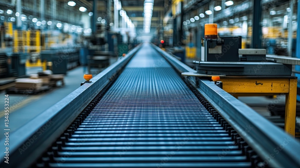 Industrial conveyor belt in a factory setting, a metal structure used for cleaning and production processes. Industrial conveyor belt in a factory setting, a metal structure used for cleaning and production processes.