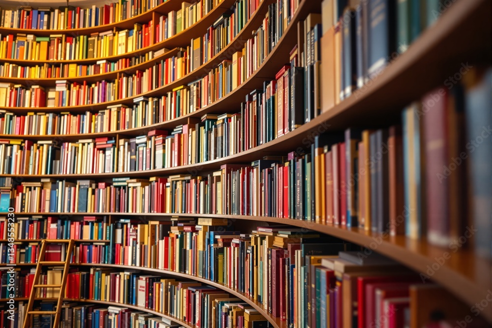 Large curved bookshelf filled with colorful books in a library. Large curved bookshelf filled with colorful books in a library.