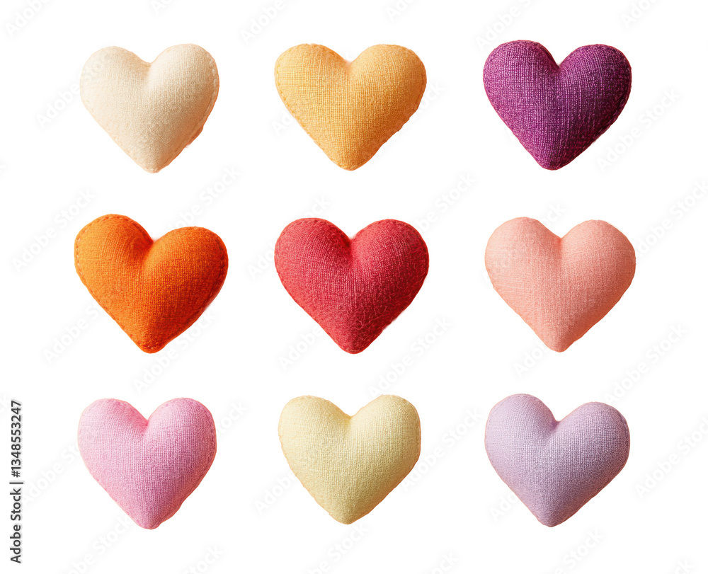 Nine colorful fabric hearts arranged in a grid pattern against a stark black background studio shot Nine colorful fabric hearts arranged in a grid pattern against a stark black background studio shot