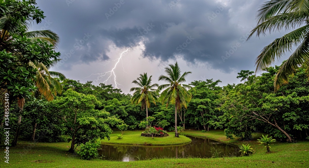Fototapeta premium A Dramatic Thunderstorm Forming Over a Secluded Oasis
