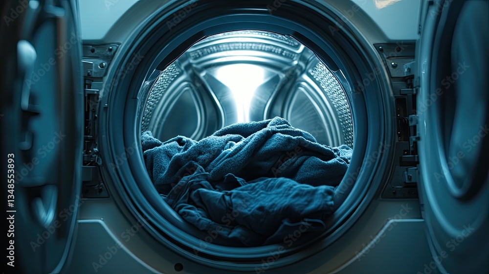 Inside of a washing machine with dark clothing visible, illustrating laundry in an open drum. Inside of a washing machine with dark clothing visible, illustrating laundry in an open drum.