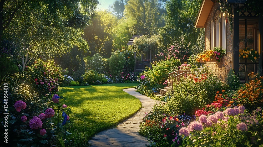 Fototapeta premium Sunlit Garden Path Beside a Flower Filled House