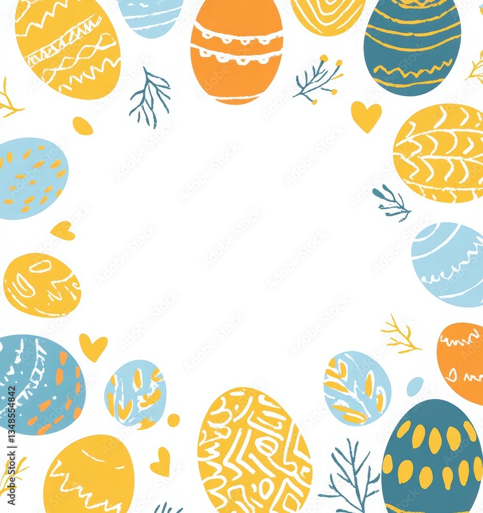 Happy Easter greeting with an Easter egg frame background. The design features abstract organic shapes, brush strokes, and pastel colors such as yellow, blue, and orange. Happy Easter greeting with an Easter egg frame background. The design features abstract organic shapes, brush strokes, and pastel colors such as yellow, blue, and orange.