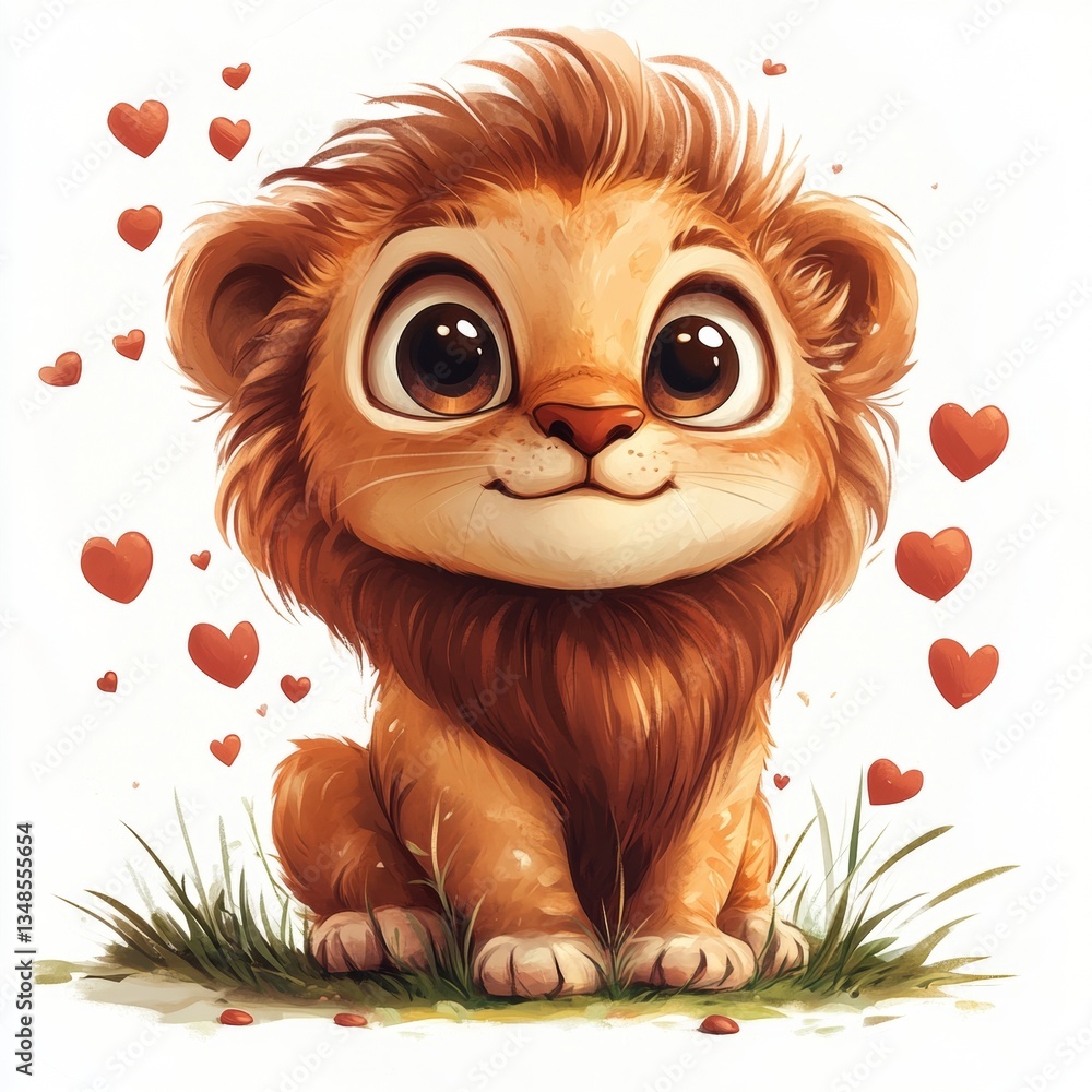 Obraz premium Lion cub illustration, with hearts floating around him, sitting on grass, with a cartoonish style and a white background