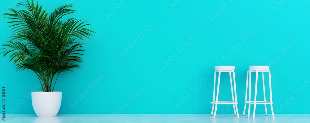Teal Room Decor, Minimalist Scene with Palm Plant and White Stools, adding a touch of serenity and calm. Teal Room Decor, Minimalist Scene with Palm Plant and White Stools, adding a touch of serenity and calm.