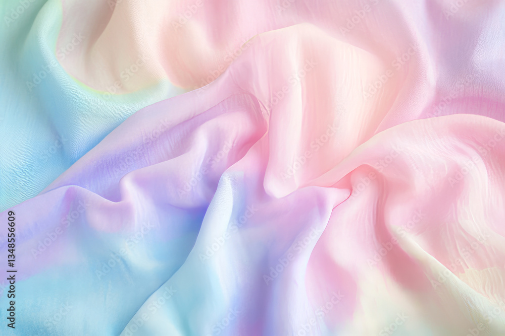 Fototapeta premium A whimsical pastel rainbow fabric texture background with soft pink, blue, and lavender hues. The delicate, watercolor-like transitions create a dreamy, fantasy-inspired look, perfect for children
