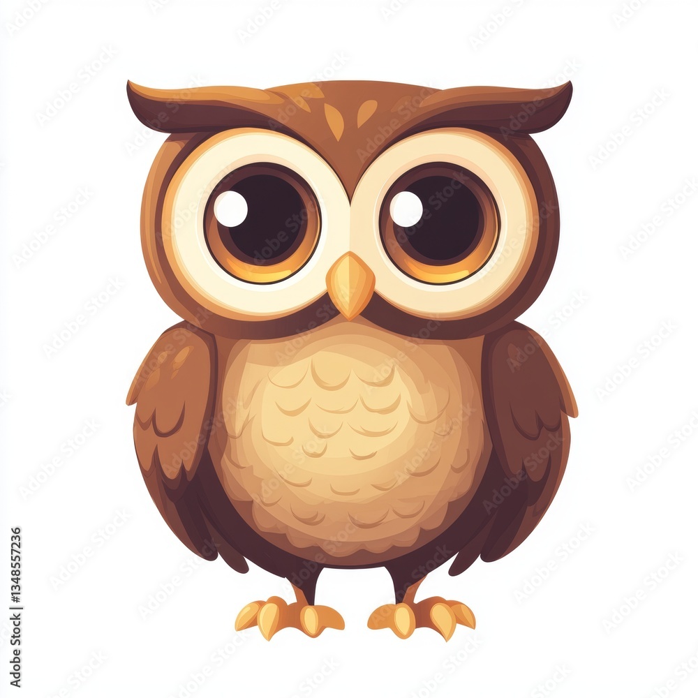 Cartoon owl vector stands with big eyes and brown feathers on a white background Cartoon owl vector stands with big eyes and brown feathers on a white background