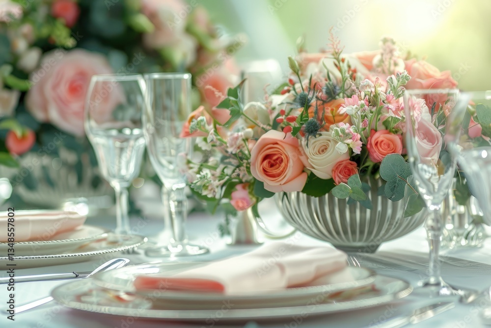 Ultra Hd Visual of Close Up of Wedding Reception Table Setting with Flower Arrangements Ultra Hd Visual of Close Up of Wedding Reception Table Setting with Flower Arrangements