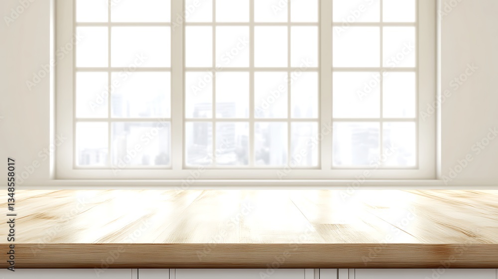 Fototapeta premium Empty wood table, window in white room interior, city background. Product display or presentation