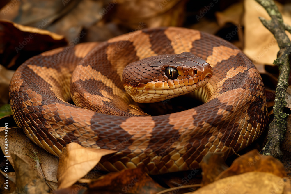 Fototapeta premium Coiled Brown Snake Camouflaged Among Autumn Leaves in the Forest