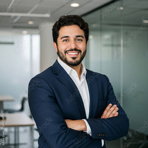 Hombre de negocios con los brazos cruzados en la oficina, hombre de negocios con poses y trajes confiables