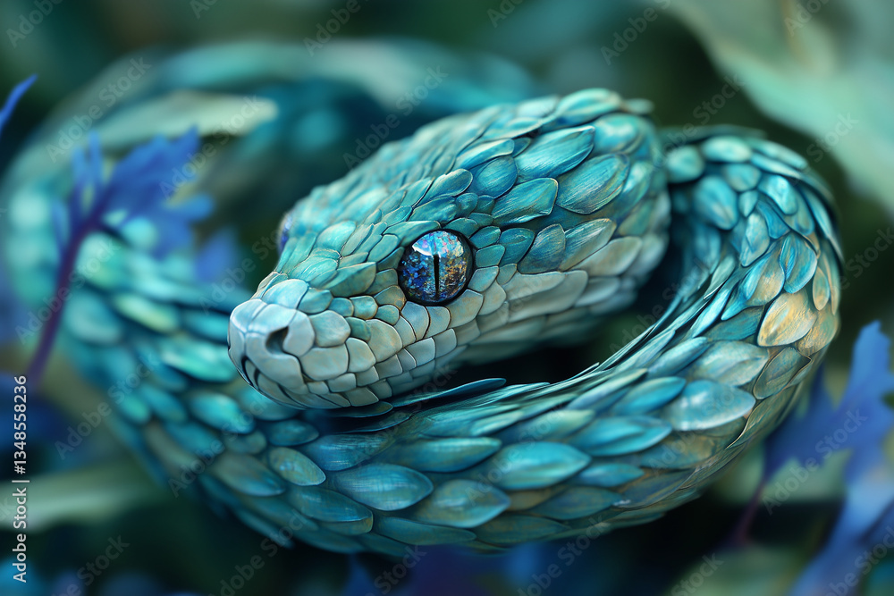 Fototapeta premium Stunning Blue Scaled Snake with Hypnotic Eyes in a Mystical Forest