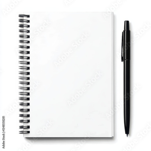 Blank Spiral Notebook and Black Ballpoint Pen on White Background