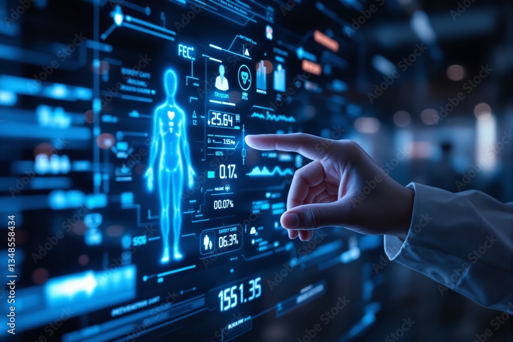 Futuristic medical technology interface with doctor interacting. Futuristic medical technology interface with doctor interacting.