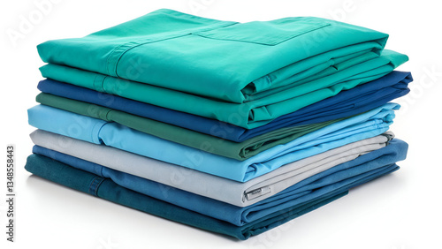 Medical Scrubs Stack: A neatly folded pile of medical scrubs in various shades of blue and green, showcasing essential healthcare apparel.
