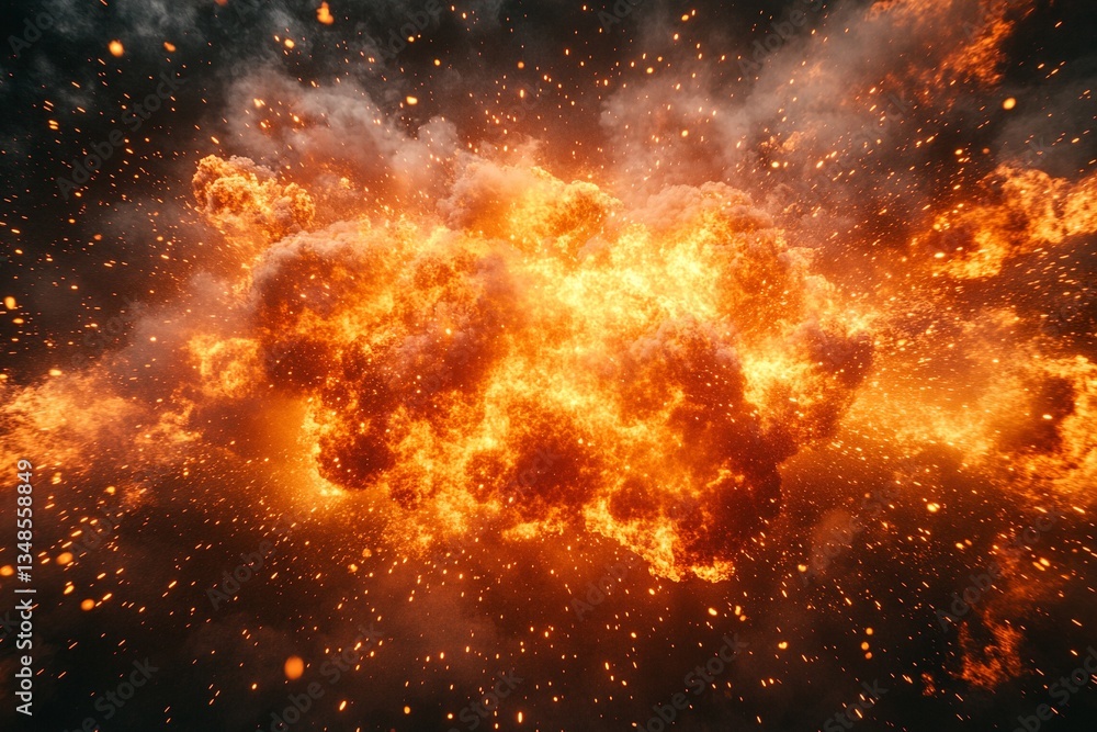 Naklejka premium Fiery explosion with intense orange and yellow flames against a dark background. Glowing embers scatter.
