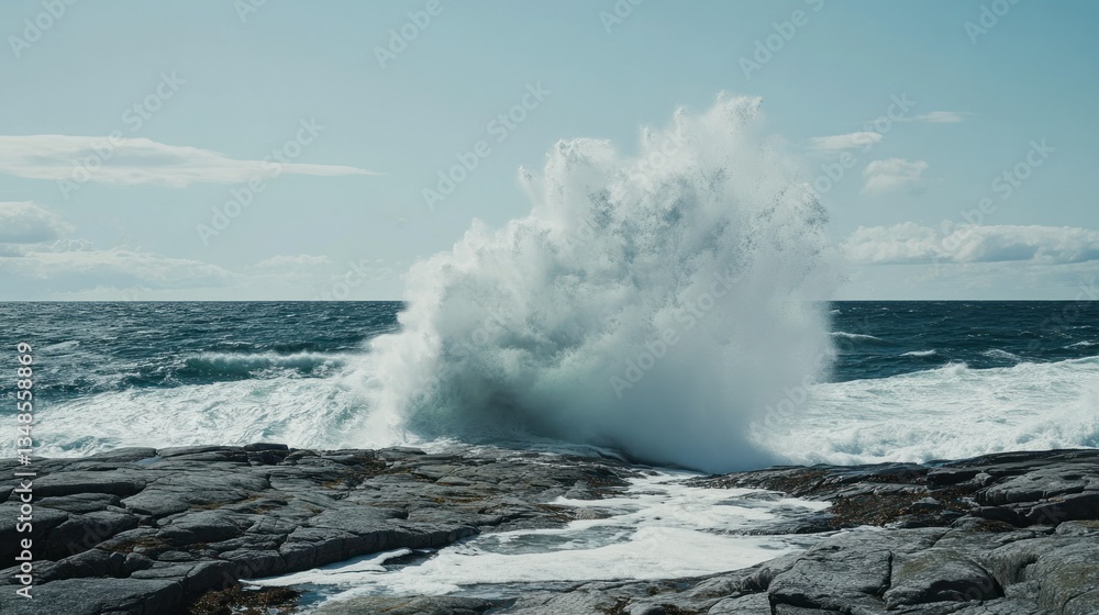 A large wave crashing on a rocky coastal shoreline landscape A large wave crashing on a rocky coastal shoreline landscape
