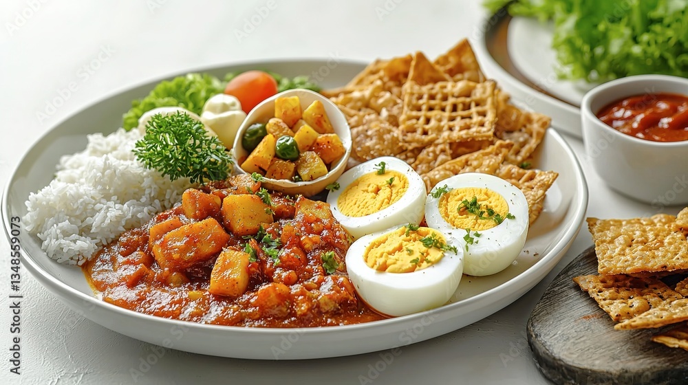 A delicious meal served with various food arrangements on a plate A delicious meal served with various food arrangements on a plate