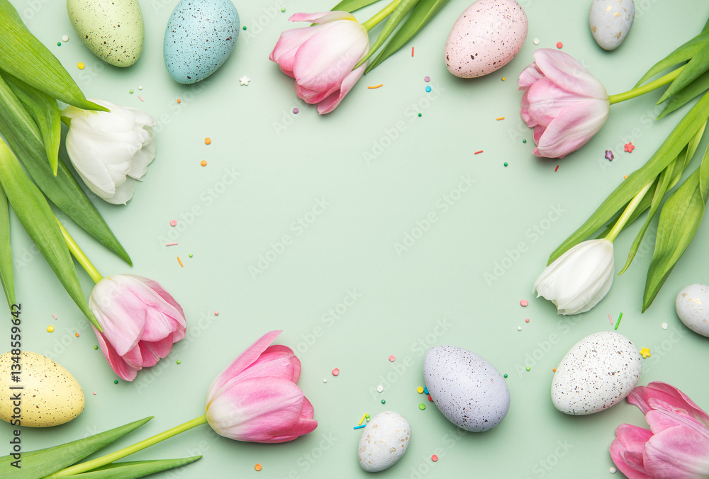 Easter eggs and tulips forming a frame on a pastel green background