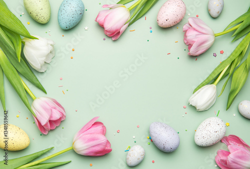 Obraz na płótnie Easter eggs and tulips forming a frame on a pastel green background w salonie