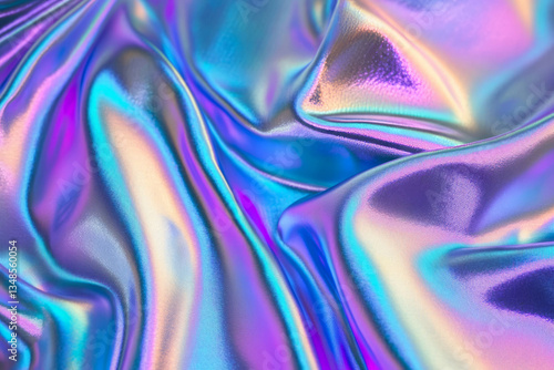 A futuristic holographic fabric texture background in iridescent blue, purple, and silver. The smooth, reflective surface changes colors with light angles, creating a mesmerizing, high-tech aesthetic,