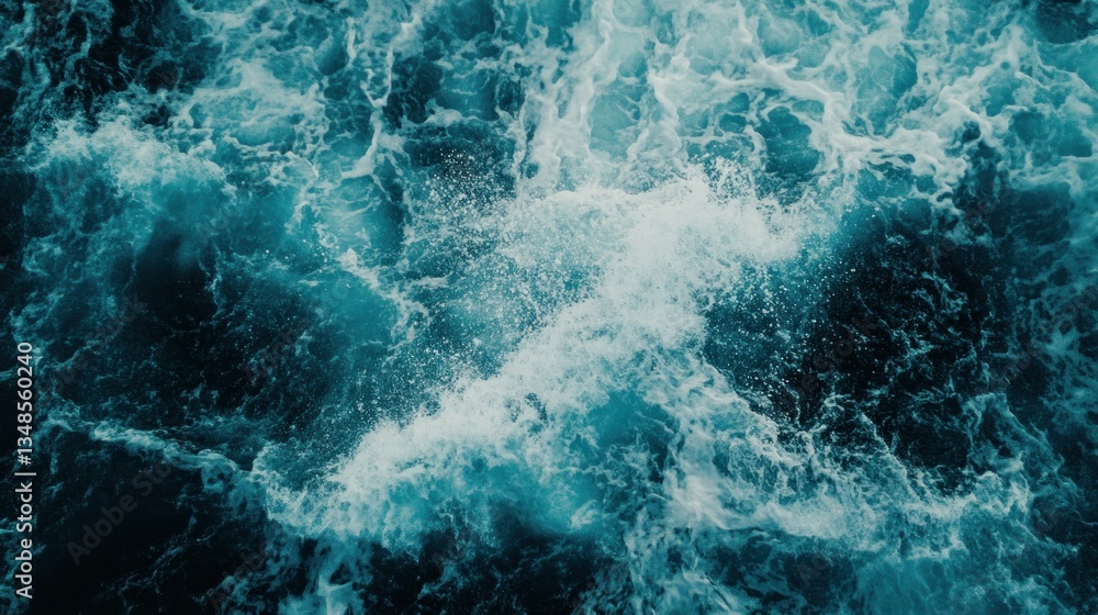 The turbulent blue ocean shows waves crashing on the surface The turbulent blue ocean shows waves crashing on the surface