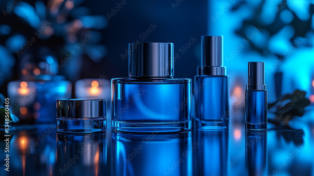 Blue cosmetic bottles arranged with metallic caps glowing against dark background with bokeh lights. Luxury skincare serum collection for premium beauty concept Blue cosmetic bottles arranged with metallic caps glowing against dark background with bokeh lights. Luxury skincare serum collection for premium beauty concept