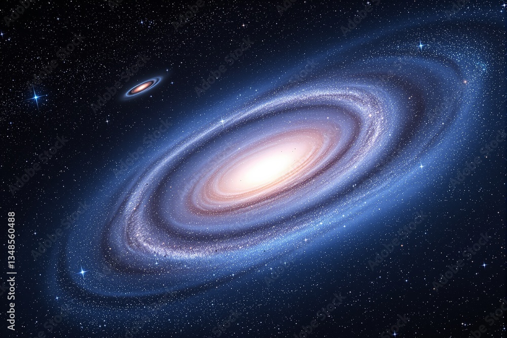Glowing spiral galaxy with bright core surrounded by stars in deep space. Glowing spiral galaxy with bright core surrounded by stars in deep space.