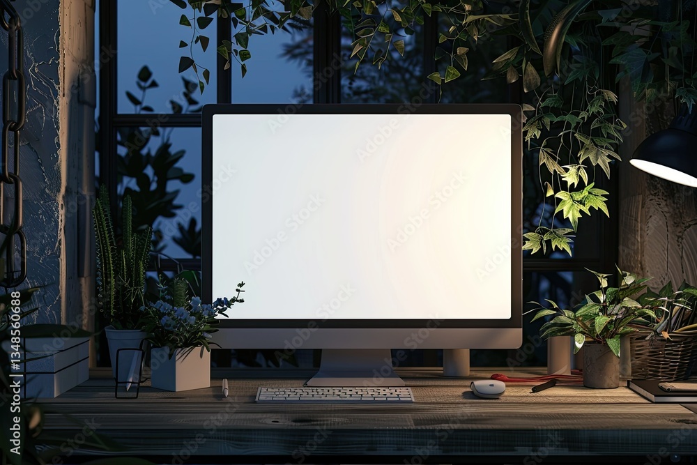 Modern Stylish Workplace with Digital Tablet Blank Screen Mockup in Evening, 3D Rendering Modern Stylish Workplace with Digital Tablet Blank Screen Mockup in Evening, 3D Rendering