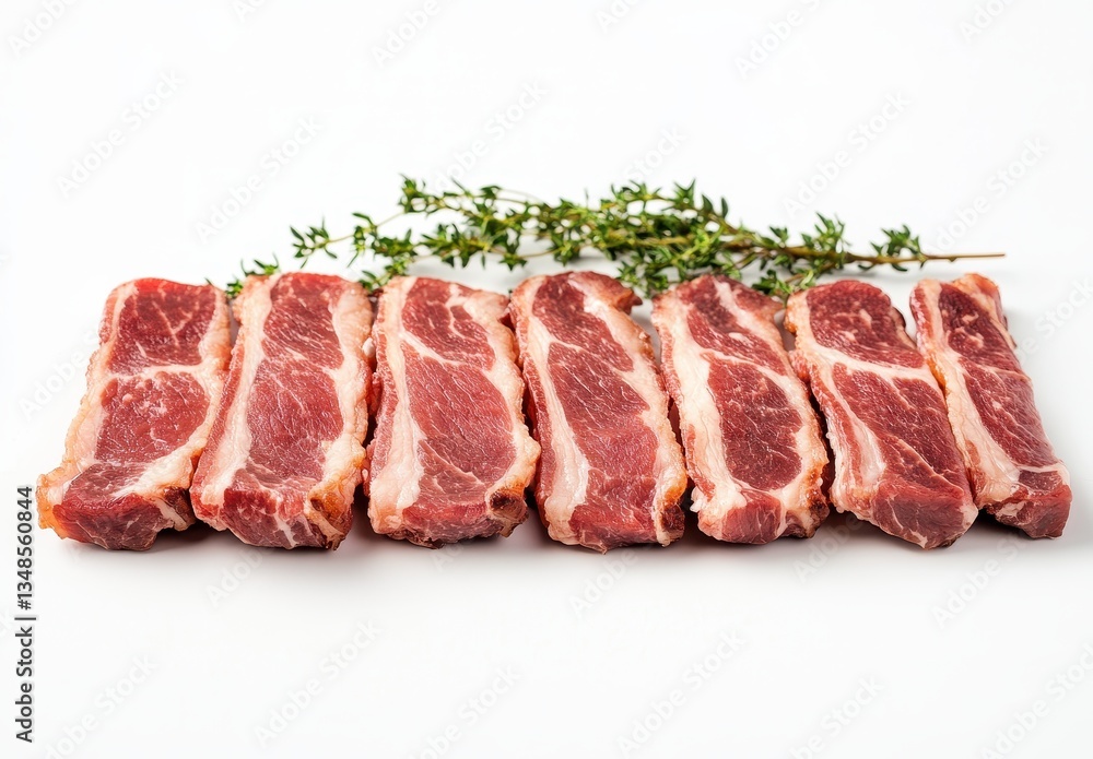 Fototapeta premium Fresh Raw Pork Chops on White Background with Thyme Sprigs for Culinary Recipes and Meat Preparation in Healthy Cooking and Grilling Ideas