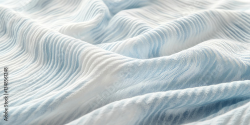A crisp seersucker fabric texture background in alternating white and sky-blue stripes. The puckered texture creates a breathable, lightweight look, ideal for summer suits, casual wear, and