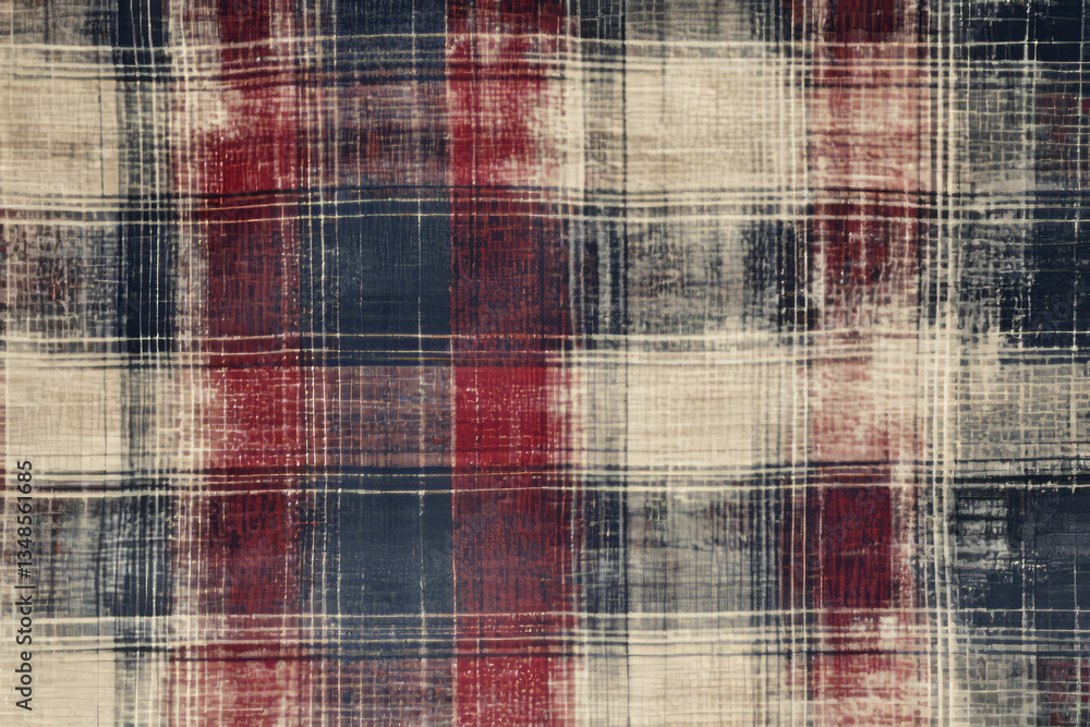 Fototapeta premium A soft, distressed flannel fabric texture background in warm plaid hues of red, navy, and beige. The brushed surface and faded tones evoke a cozy, vintage aesthetic perfect for winter fashion and