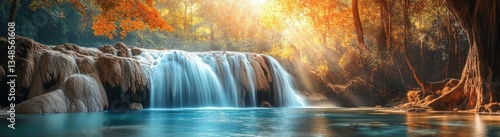 A beautiful waterfall flowing into a tranquil pool in sunlight