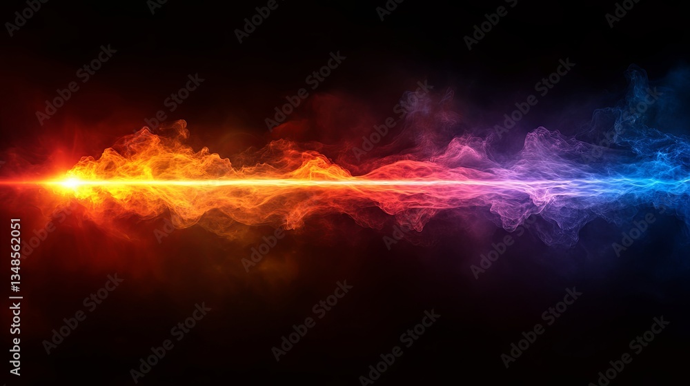 Fototapeta premium A beam of light splitting into multiple colorful dimensions against a dark cosmic background, representing the concept of quantum exploration and the vastness of the universe