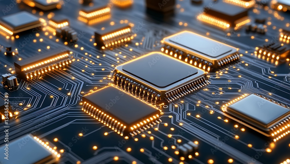 Close-up view of a complex circuit board with glowing integrated circuits, illustrating advanced technology and digital processing power Close-up view of a complex circuit board with glowing integrated circuits, illustrating advanced technology and digital processing power