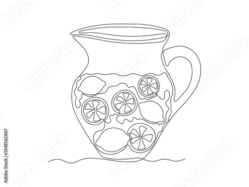 Abstract fruit lemon citrus in syrup, stewed fruit in jug, pitcher, compote, lemonade. continuous single one line art hand drawing sketch logo