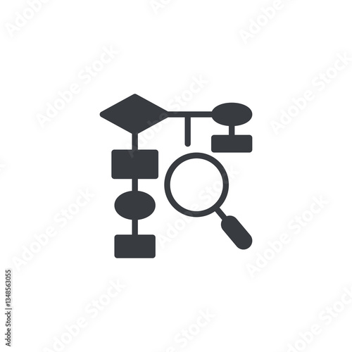 Magnifying glass over a process map vector icon