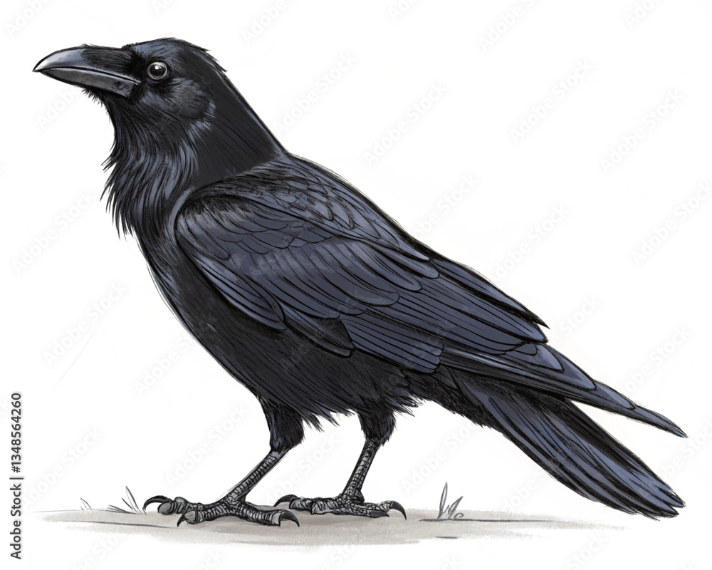 Fototapeta premium An artistic charcoal sketch of a crow with rough and expressive strokes, Artwork, charcoal on rough grain paper with deep shadows and highlights, sketch of a raven, crow on the ground