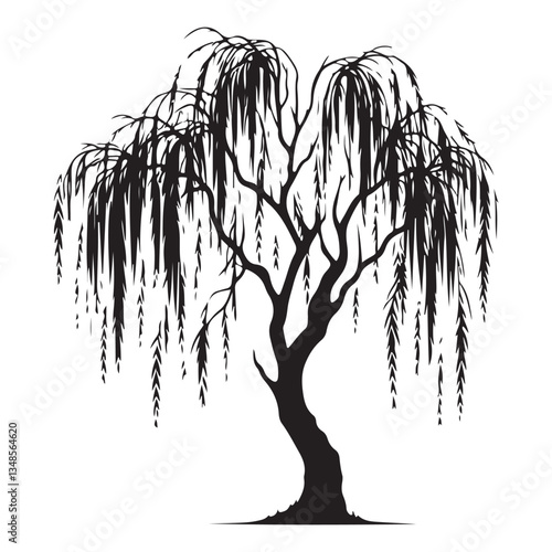Elegant Weeping Willow Tree Silhouette Vector Illustration for Graphics