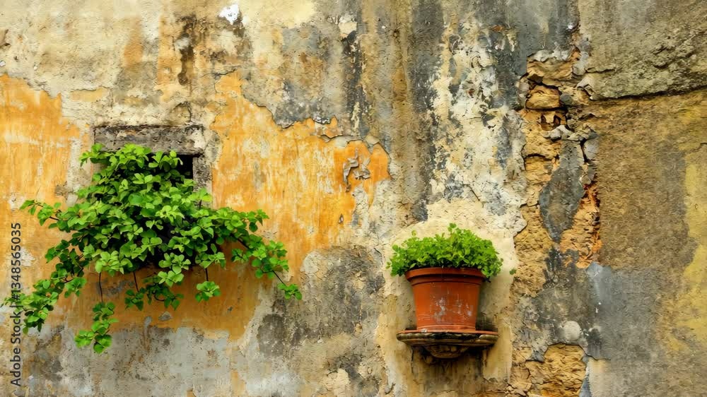 Old wall adorned with vibrant plants creating a rustic charm in an urban setting Old wall adorned with vibrant plants creating a rustic charm in an urban setting