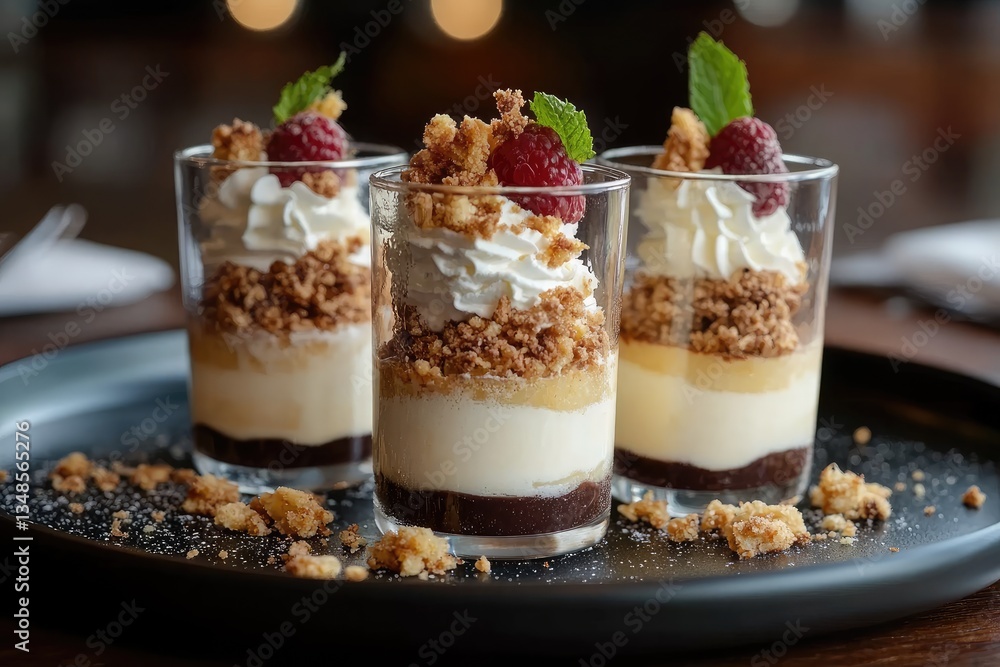 Layered dessert cups with crumble topping and whipped cream Layered dessert cups with crumble topping and whipped cream