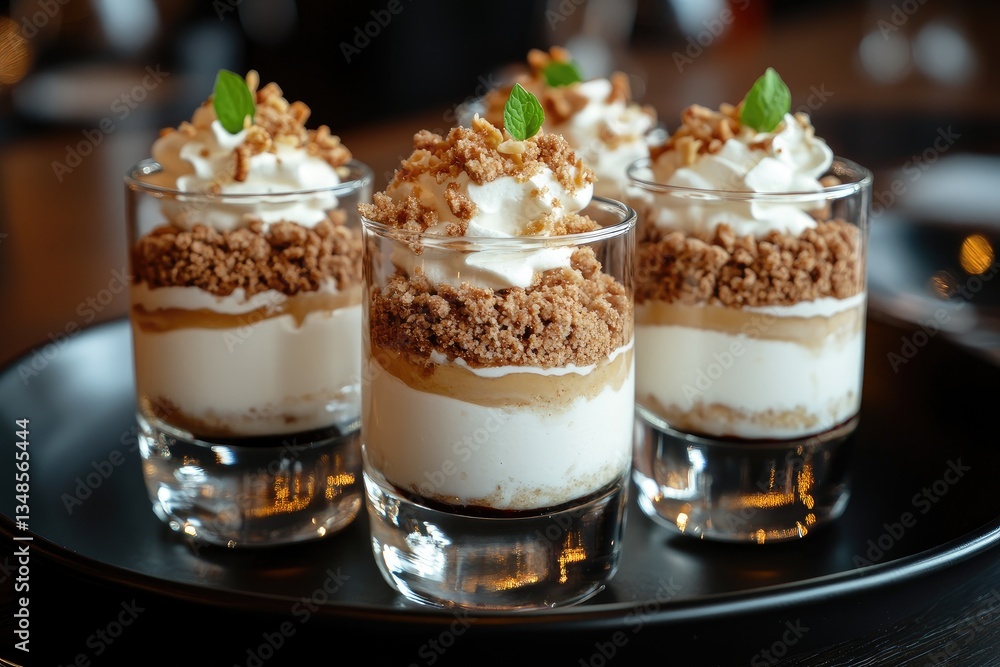 Four dessert glasses filled with layers of creamy custard, crunchy crumble topping, and a drizzle of caramel sauce, topped with whipped cream and a mint sprig Four dessert glasses filled with layers of creamy custard, crunchy crumble topping, and a drizzle of caramel sauce, topped with whipped cream and a mint sprig