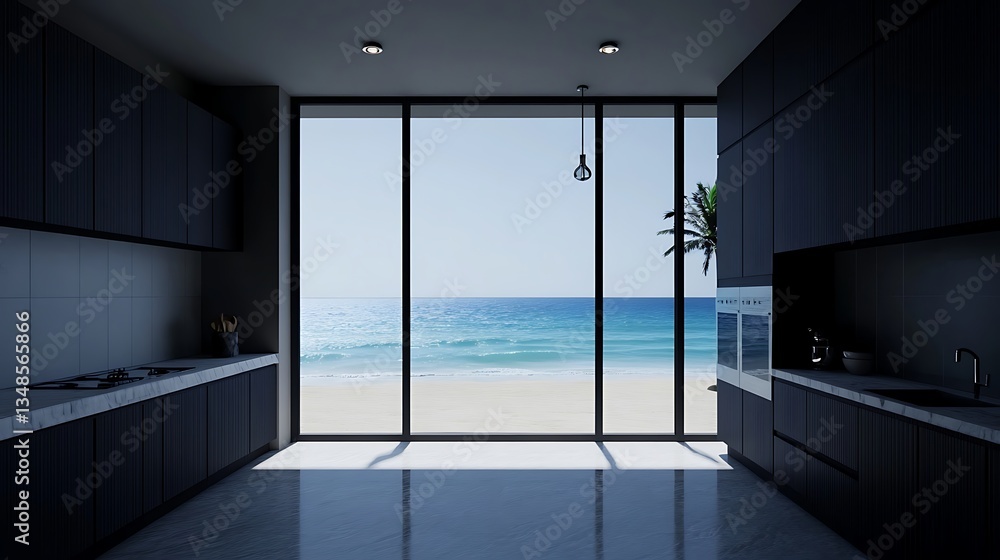 Fototapeta premium Modern kitchen with ocean view through glass window. Luxury coastal real estate concept