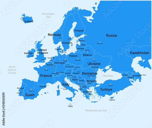 Europe map with country and capital names.