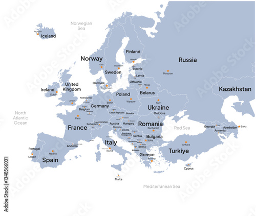 Europe map flat vector. Europe map with country names, capital city names, and border.