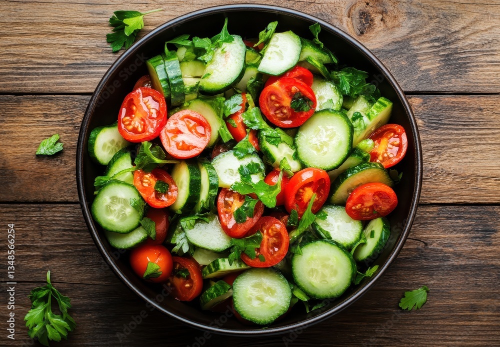 Fresh Vegetable Salad with Chopped Tomatoes, Cucumbers, and Parsley on Wooden Table in Rustic Bowl Fresh Vegetable Salad with Chopped Tomatoes, Cucumbers, and Parsley on Wooden Table in Rustic Bowl