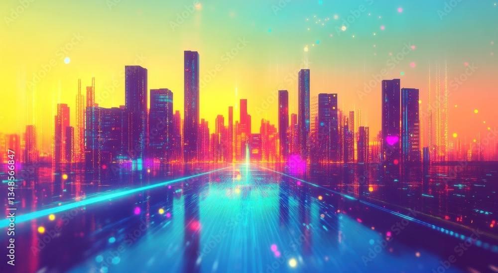 Fototapeta premium Futuristic urban landscape featuring vibrant city buildings and lights