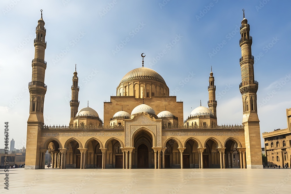 Obraz premium Large mosque with minarets and domes against a clear sky in the middle east architecture style